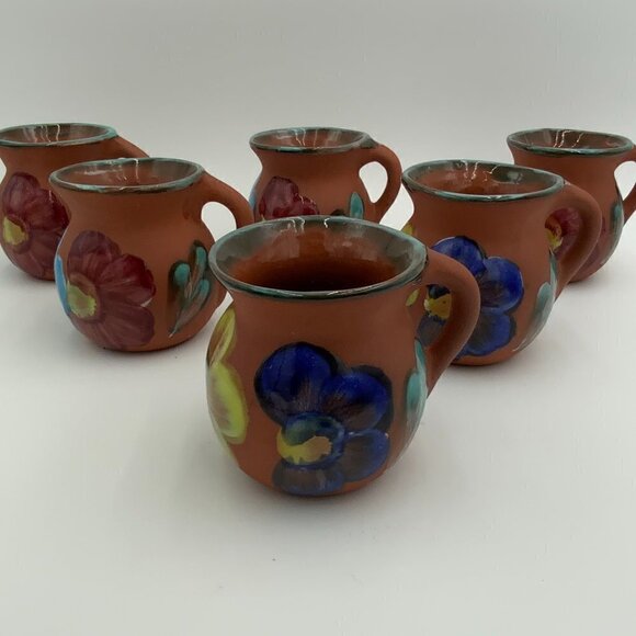Set of 6 Mexican Clay Pottery Coffee Cup Chocolate Mug Hand Painted Flowers EUC - Picture 3 of 16